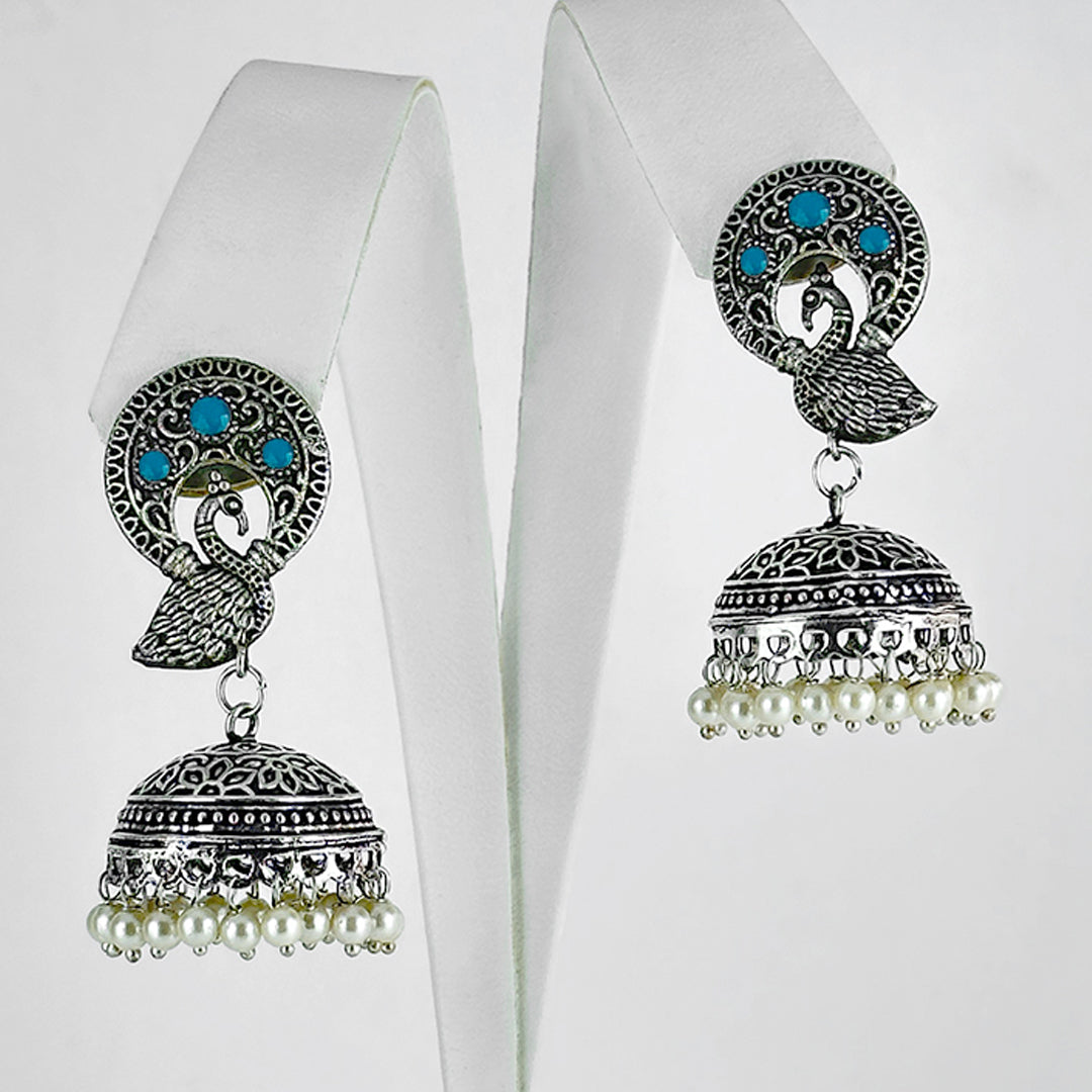 Another closeup showing intricate details of Al Musk Jewellery's (Antique mor pankh Jhumka (blue)).