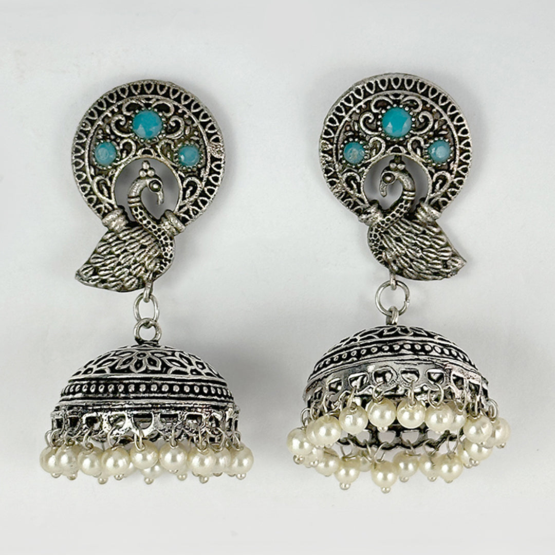 (Antique mor pankh Jhumka (blue)) shown in close up from Al Musk Jewellery collection.